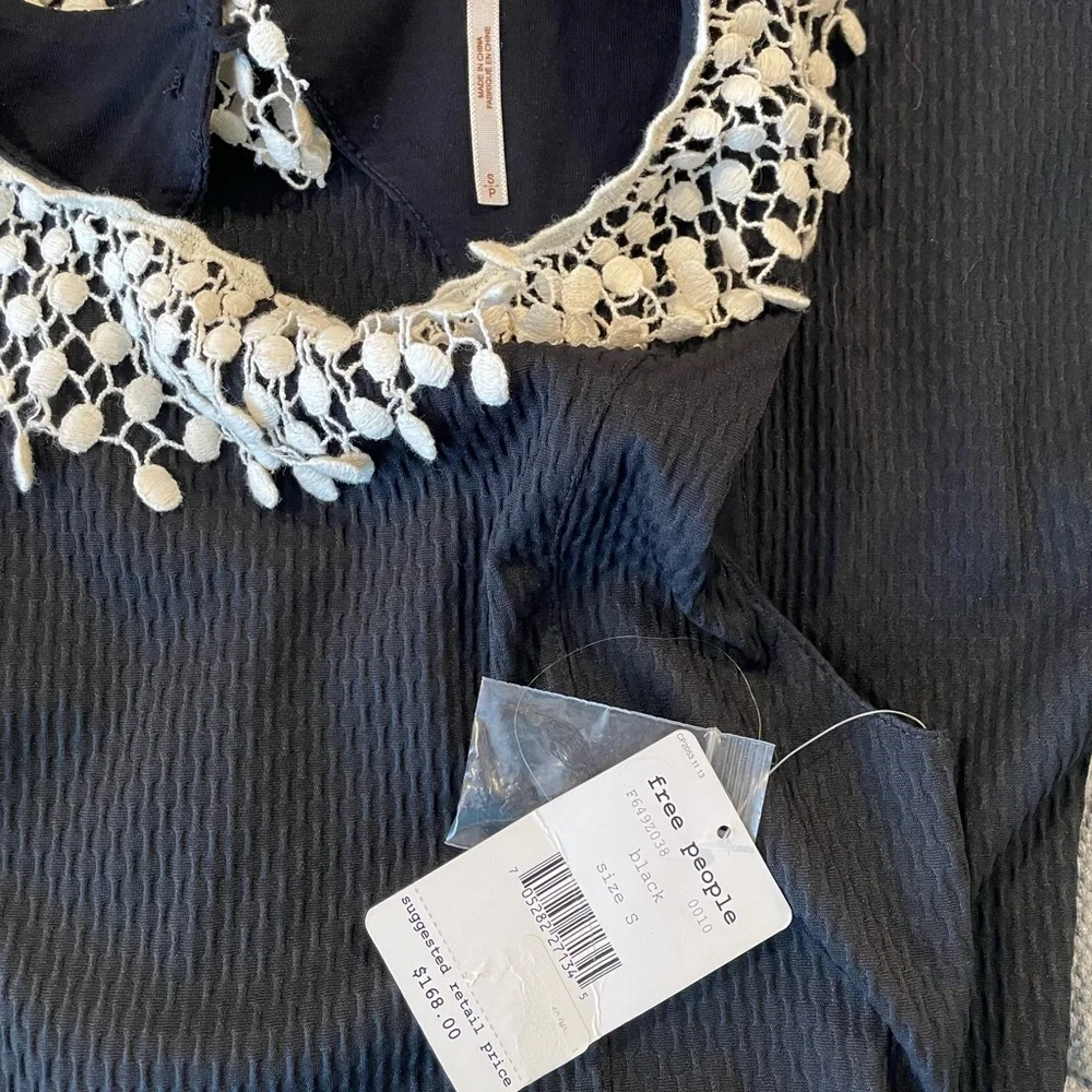 NWT Free People Black Skater‎ Dress With ivory Crochet Collar Size small - Picture 7 of 8